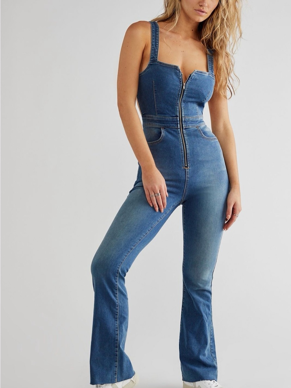We the Free Women’s Denim Zip-Front Jumpsuit , Sz 0 short
